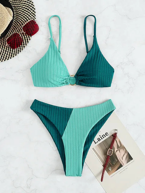 Dam Bikini-set – Push-up Topp – Hög Midja – Ribbad Struktur – Ringdetalj