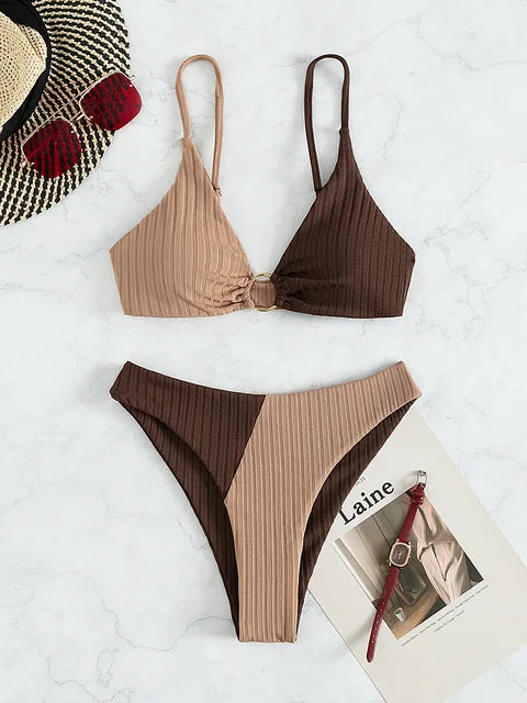 Dam Bikini-set – Push-up Topp – Hög Midja – Ribbad Struktur – Ringdetalj