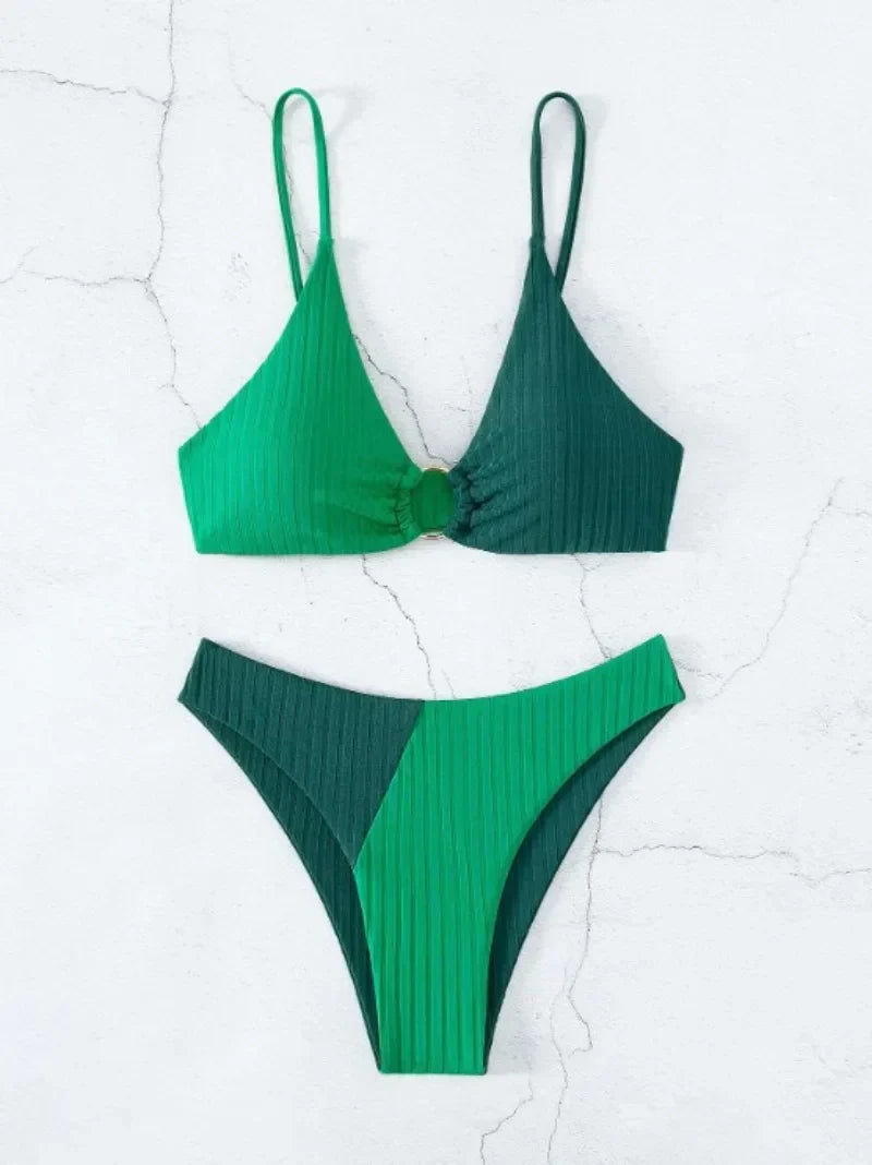 Dam Bikini-set – Push-up Topp – Hög Midja – Ribbad Struktur – Ringdetalj