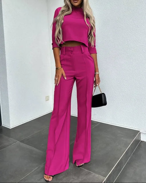 Dam Set – Crop Top Kortärmad Slim Fit & Högmidjade Vida Byxor