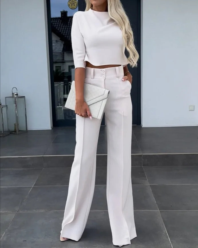 Dam Set – Crop Top Kortärmad Slim Fit & Högmidjade Vida Byxor