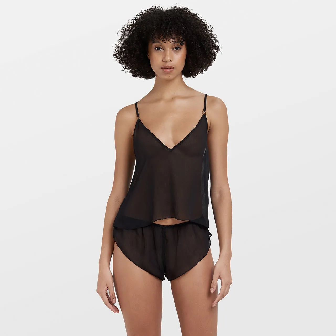 Kvinnors transparenta underklädesset – V-ringad camitopp & matchande shorts – Justerbara axelband
