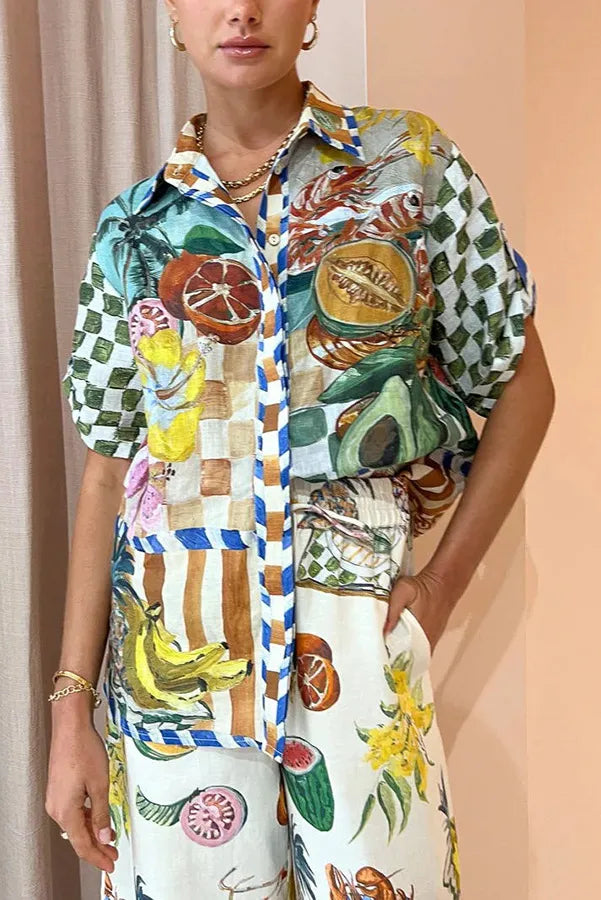 Set med tropiskt tryck och vida byxor för kvinnor - Färgglad design - Sommarlov