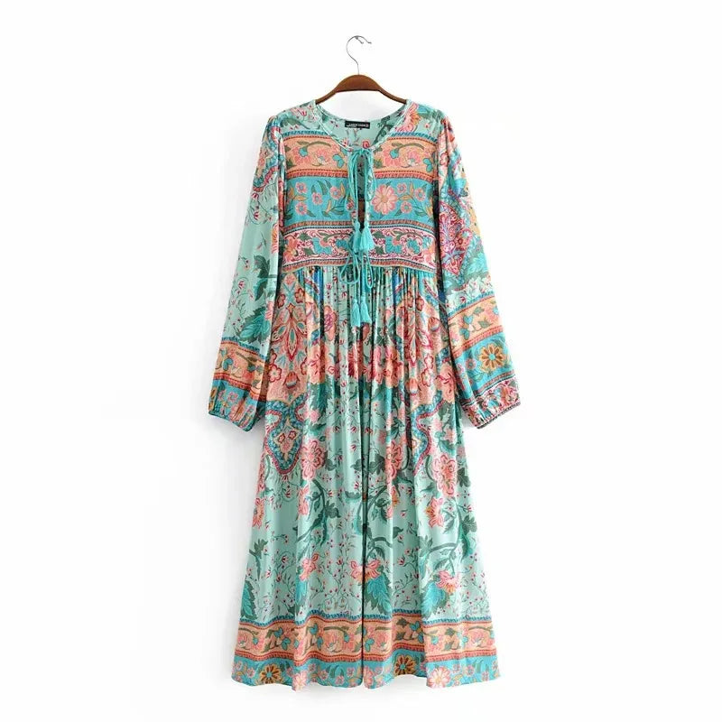 Chloe - Damklänning - Bohemiskt tryck - Långärmad - Midi-längd
