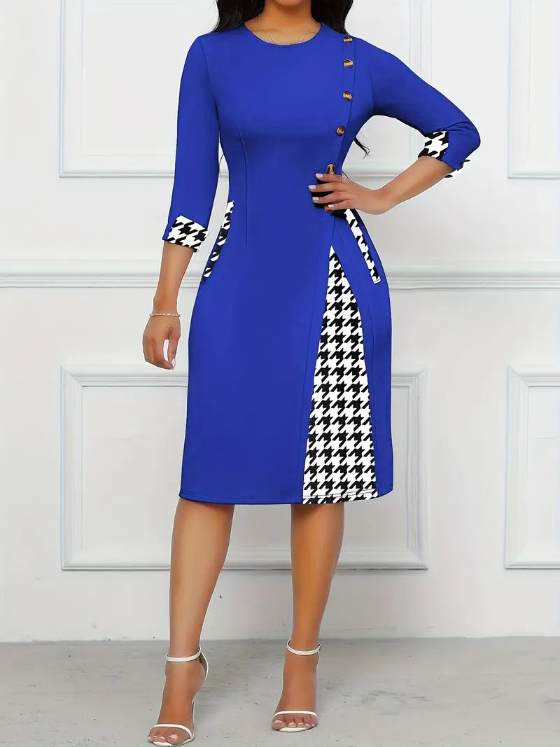 Klänning för Dam - Knälång Bodycon - Rund Hals - Trettondelsärm - Houndstooth Detaljer - Eleganta Knappar