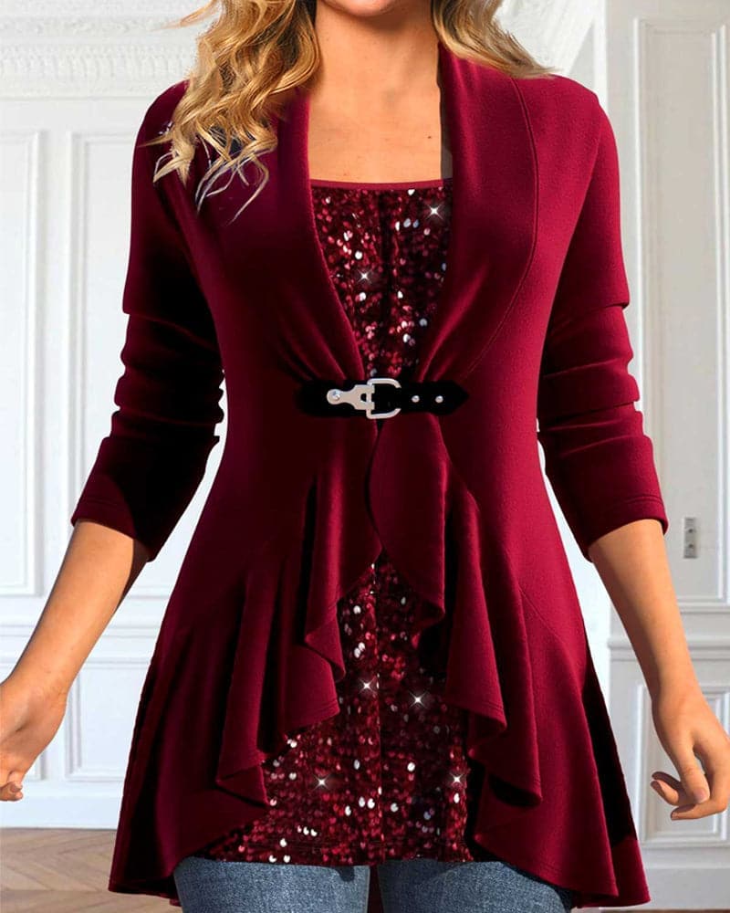 Kvinnors skräddarsydda cardigan – Asymmetrisk design – Vattenfallsfront – 3/4 ärm – Bältad passform