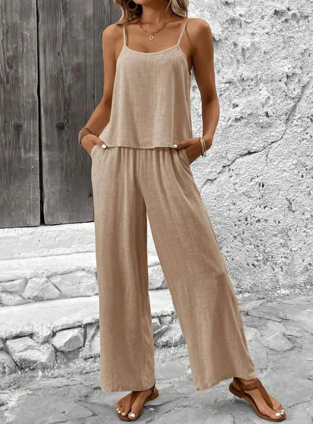 Damset i två delar - Vida byxor - Topp med axelband