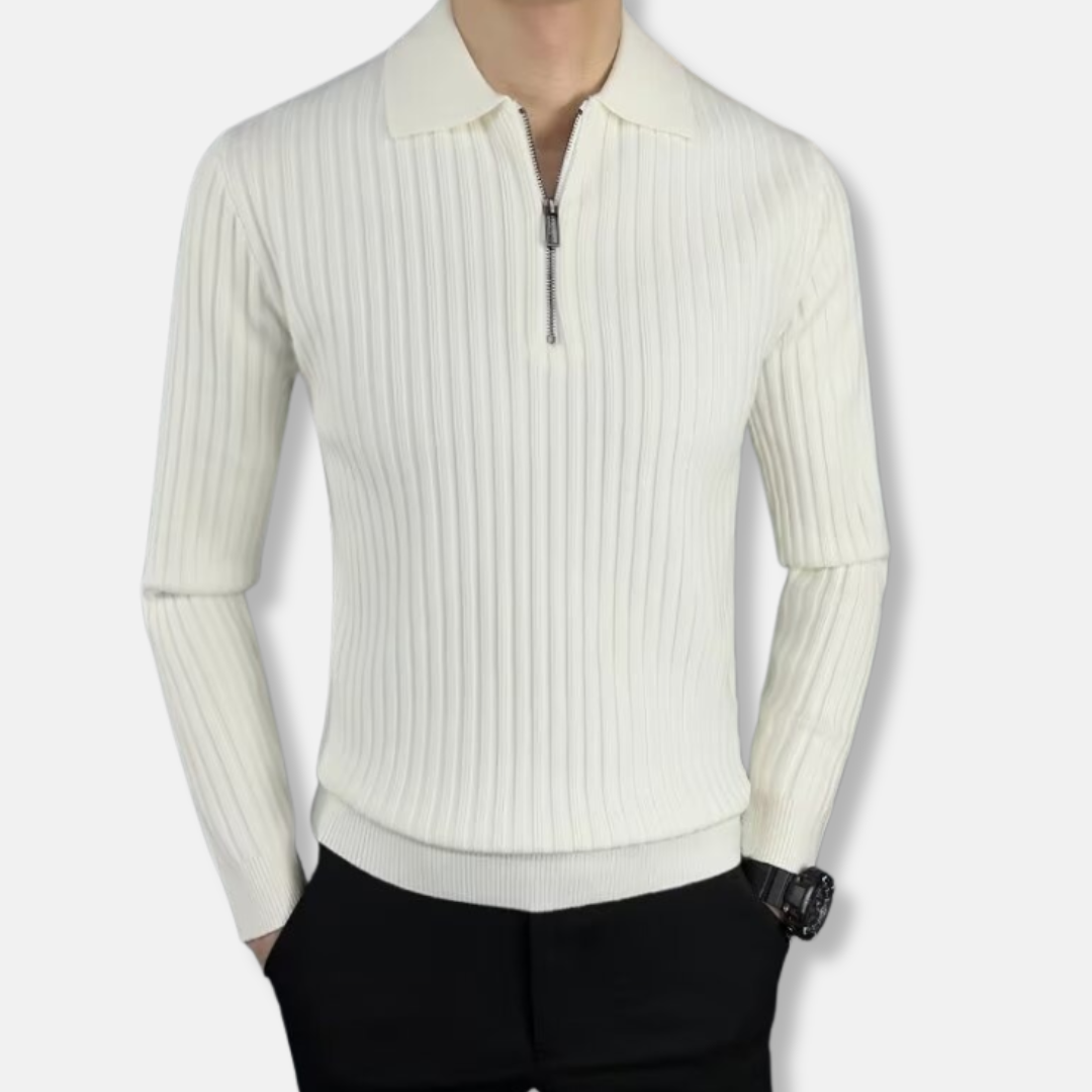 Herrtröja – Slim Fit – Ribbad Struktur – Polokrage – Dragkedja – Lång ärm