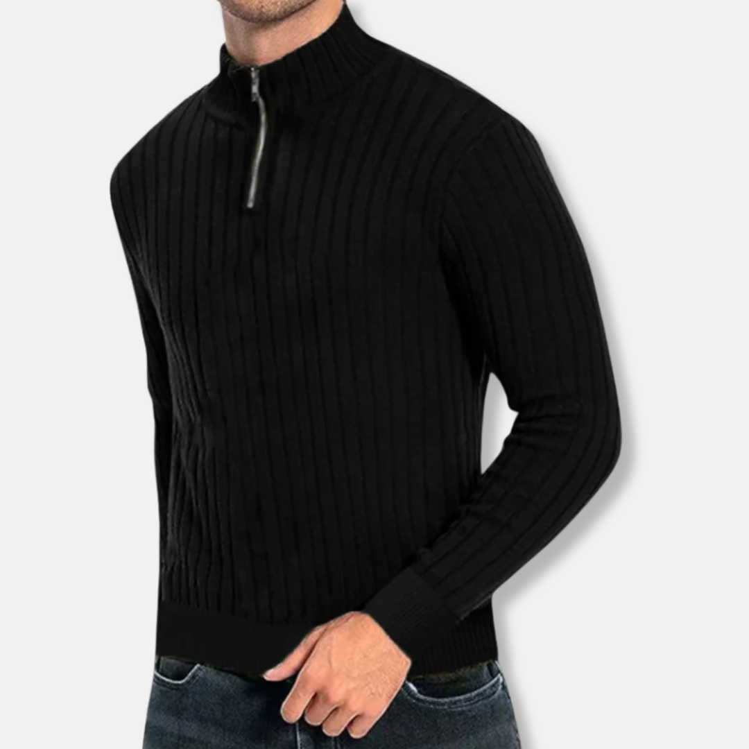 Herrtröja – Regular Fit – Ribbstickad Ullmix – Kvarts Dragkedja – Hög krage – Lång Ärm