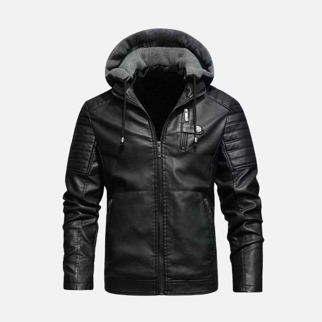 Herrjacka i Konstläder – Slim Fit – Huva – Quiltade Axlar – Dragkedjeförslutning