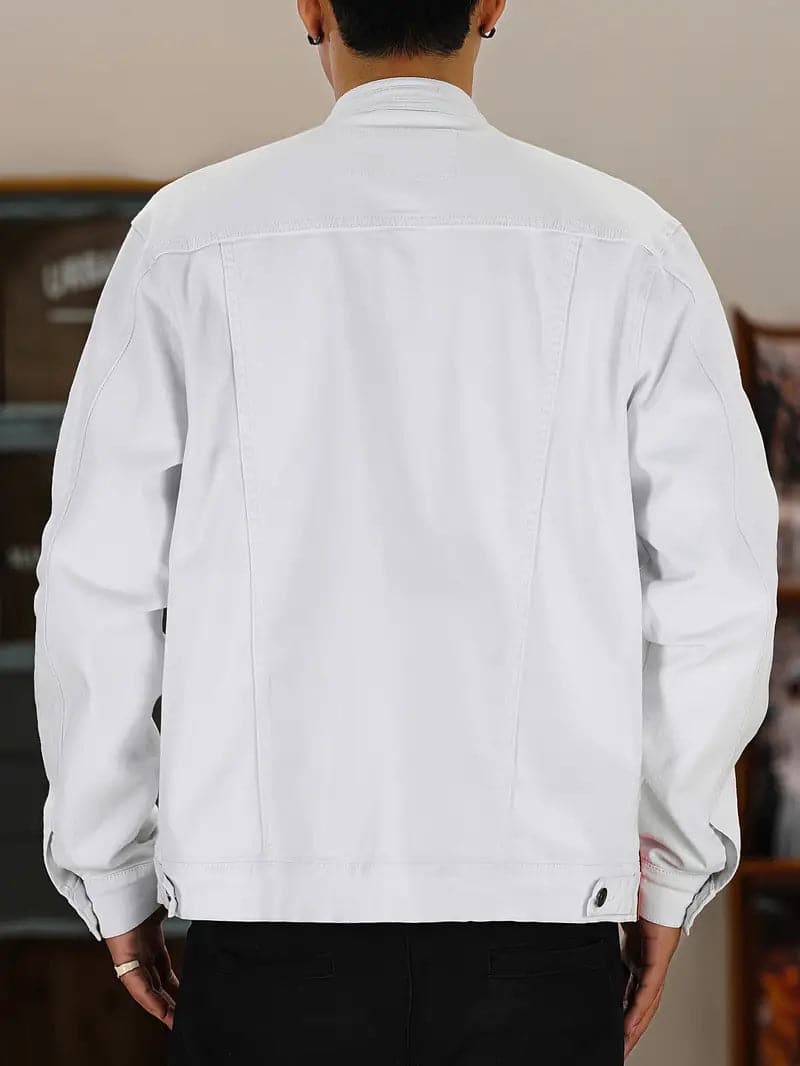 Herr Jeansjacka - Mandarin Krage - Knappstängning - Bröstfickor - Stilren Design