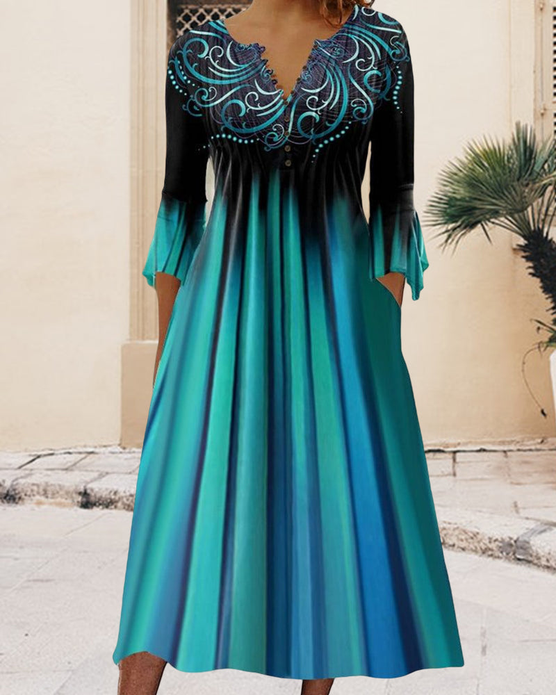 Damklänning - V-ringning Broderad - Trekvartsärm - A-linje Midi Lössittande