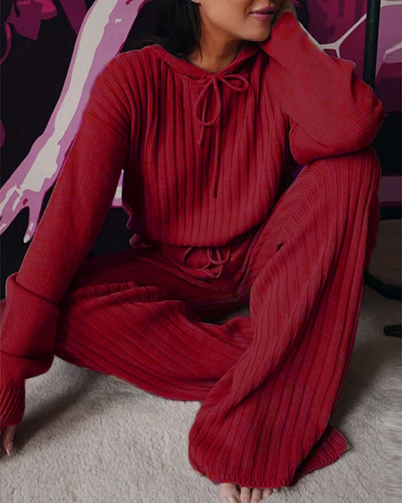 Dam Loungewear Set - Ribbstickad Stickad - Vida Byxor & Långärmad Tröja - Justerbar Passform
