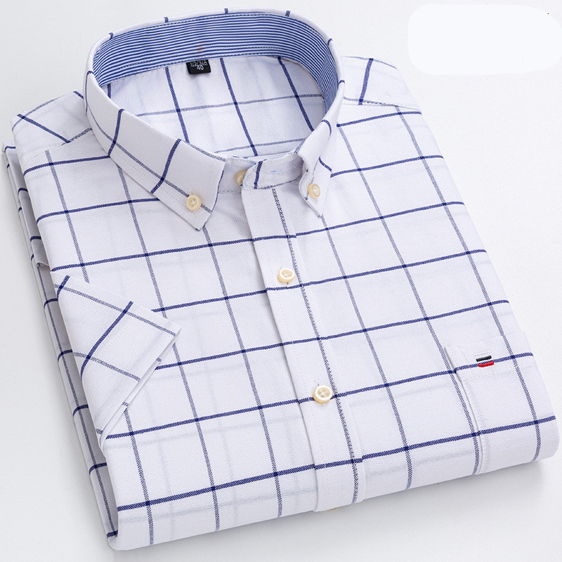 Herr Skjorta - Klassisk Rutig Design - Bomull - Button-Down Krage - Kortärmad