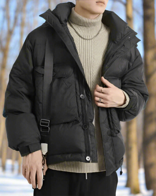 Herr Pufferjacka – Vadderad Quiltad Design – Hög Krage – Knapp- & Dragkedjestängning