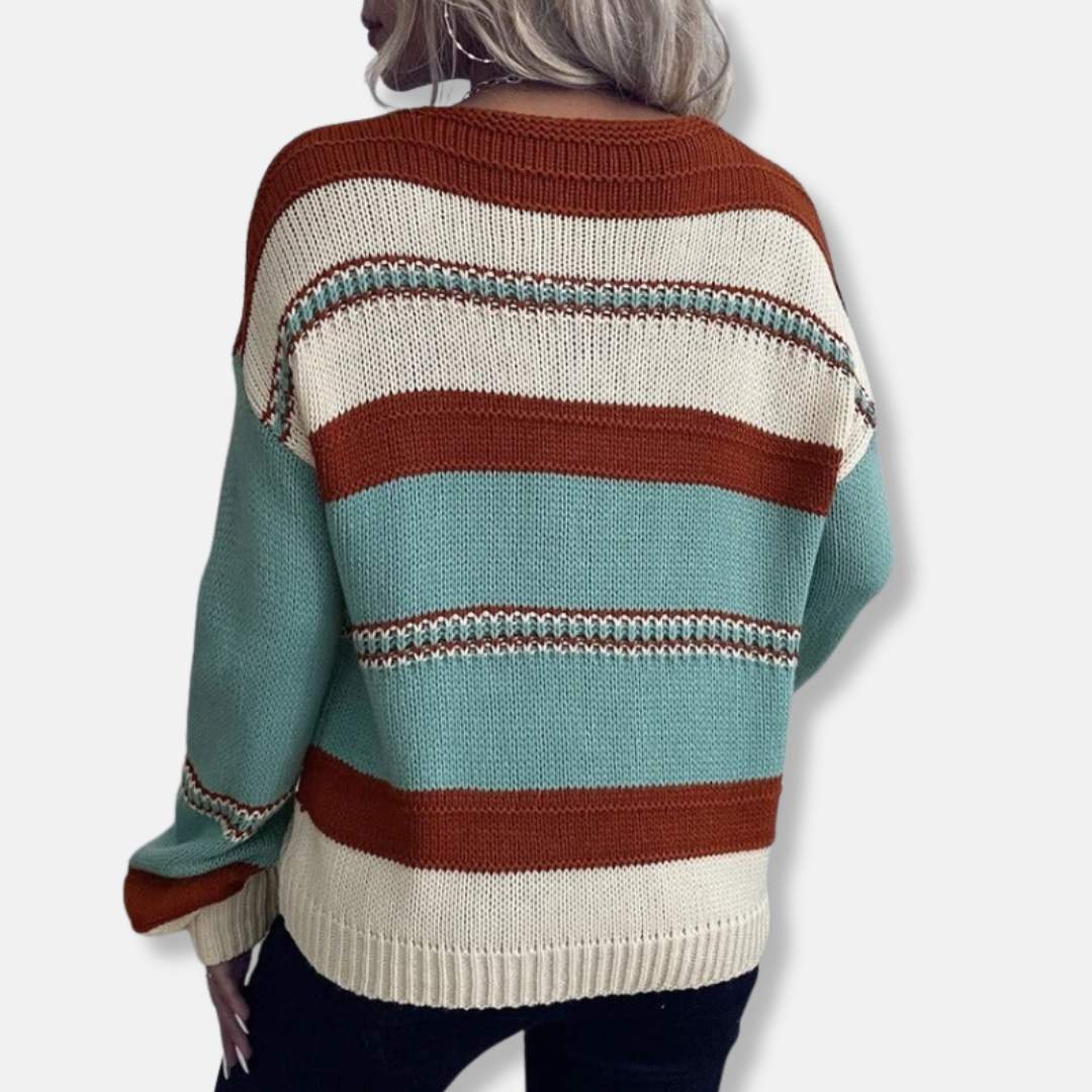 Damtröja – Avslappnad Passform – Stickad – V-ringning – Randigt Mönster – Lång Ärm