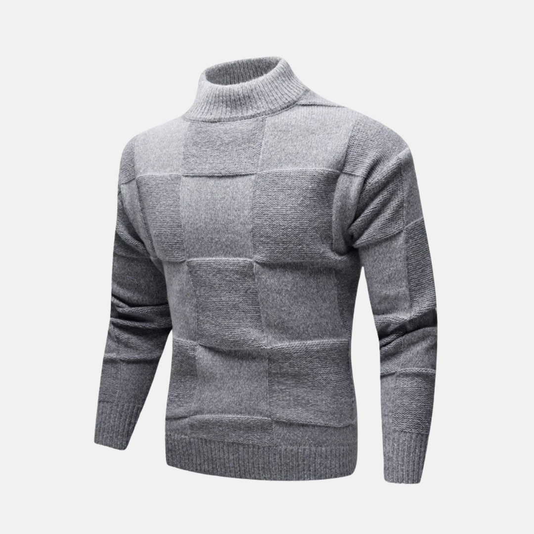 Herrtröja – Slim Fit – Ullblandning – Halvhög Krage – Rutmönstrad Struktur