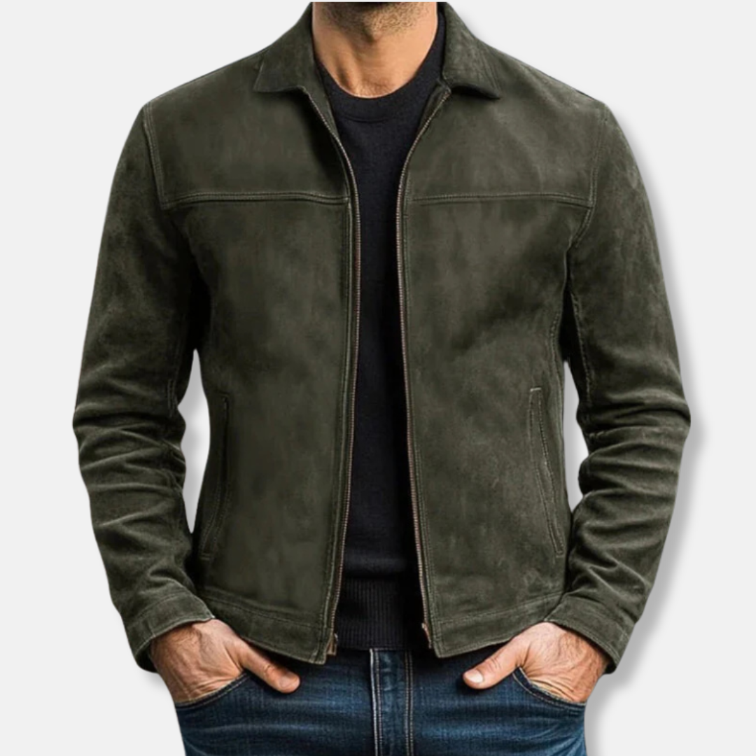 Herrjacka i Läder – Regular Fit – Pointed Krage – Dragkedja – Höftlängd