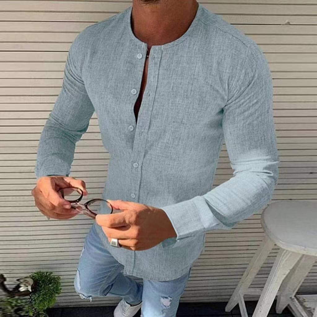 Herrskjorta - Slim Fit - Kraglös Design - Långärmad - Andningsbart Tyg