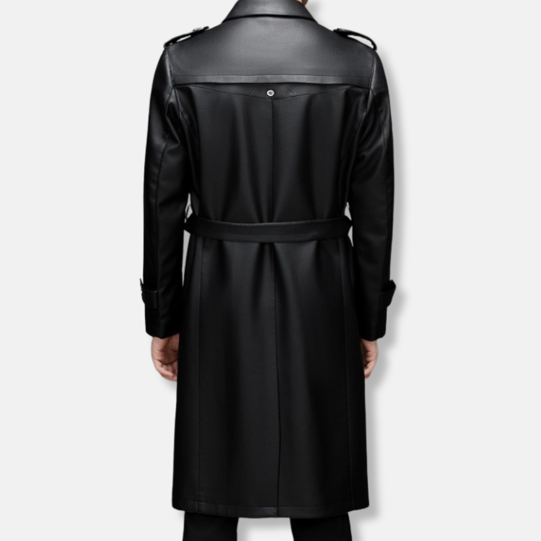 Herr Trenchcoat – Slim Fit – Läder – Enkelknäppt – Lång Modell – Klassiska Epåletter
