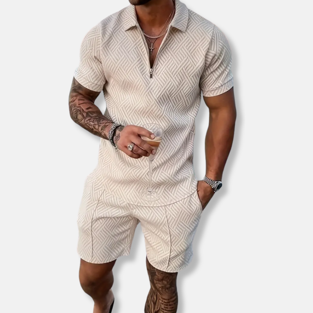 Herrset med Pikétröja och Shorts – Slim Fit – Andningsbar Struktur – Dragkedja