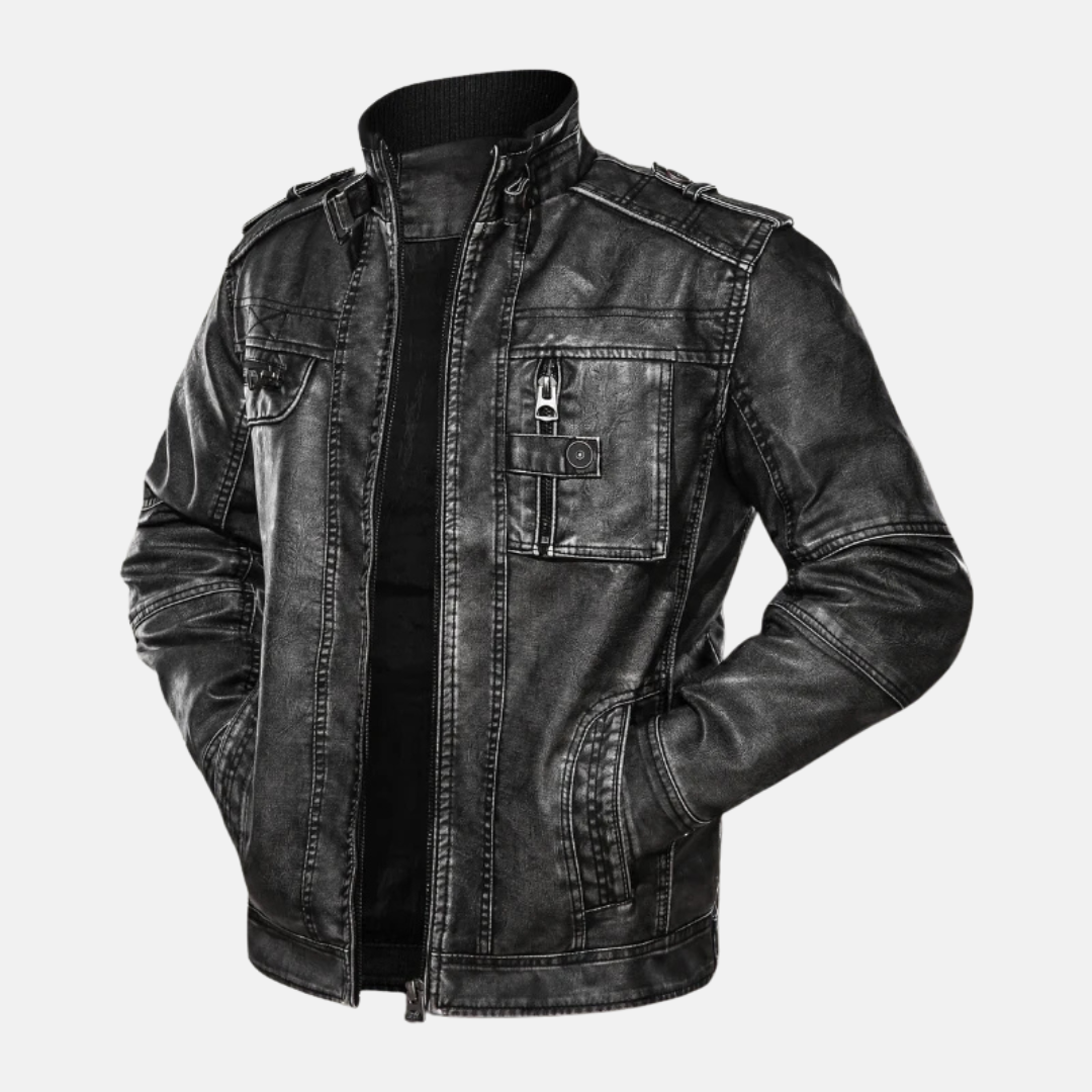 Herrjacka i Läder – Slim Fit – Tvättad Distressed Finish – Flera Fickor – Resårdetaljer