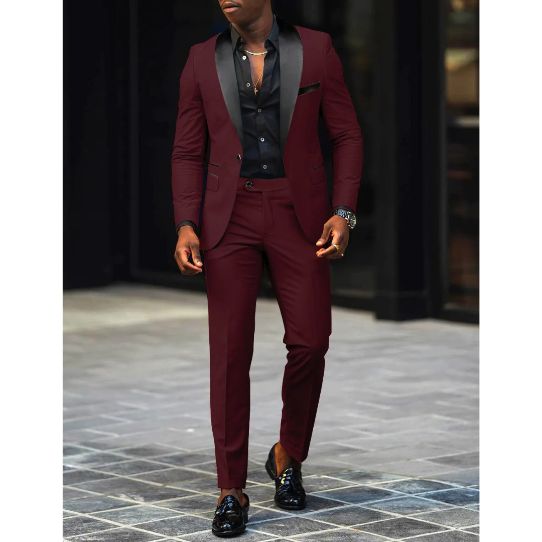 Herrkostym – Slim Fit – Satinkrage – Tvådelad Dress för Formella Tillfällen
