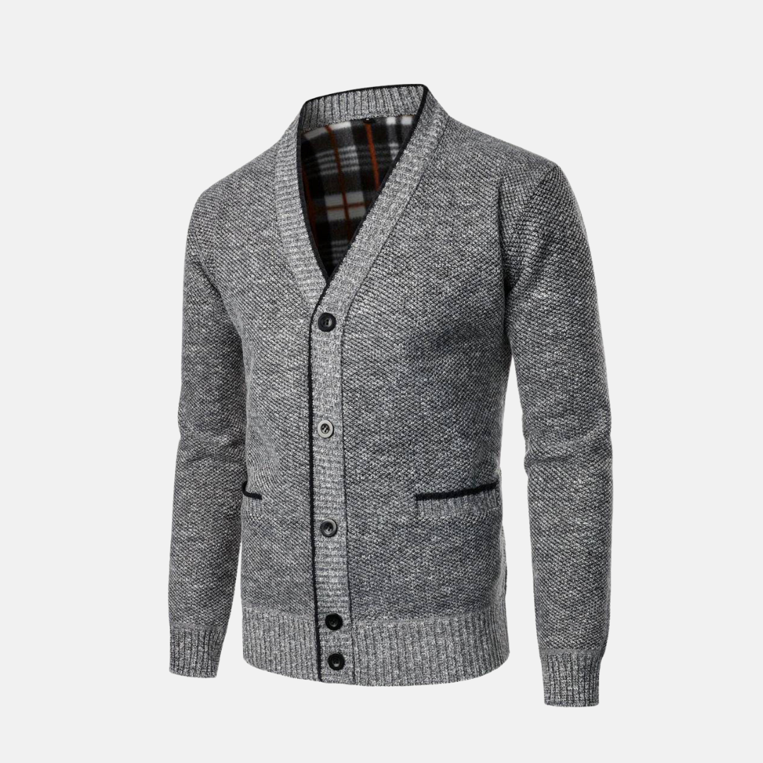 Herrkofta – Slim Fit – Stickad Ullblandning – V-ringning – Knäppning – Fickor