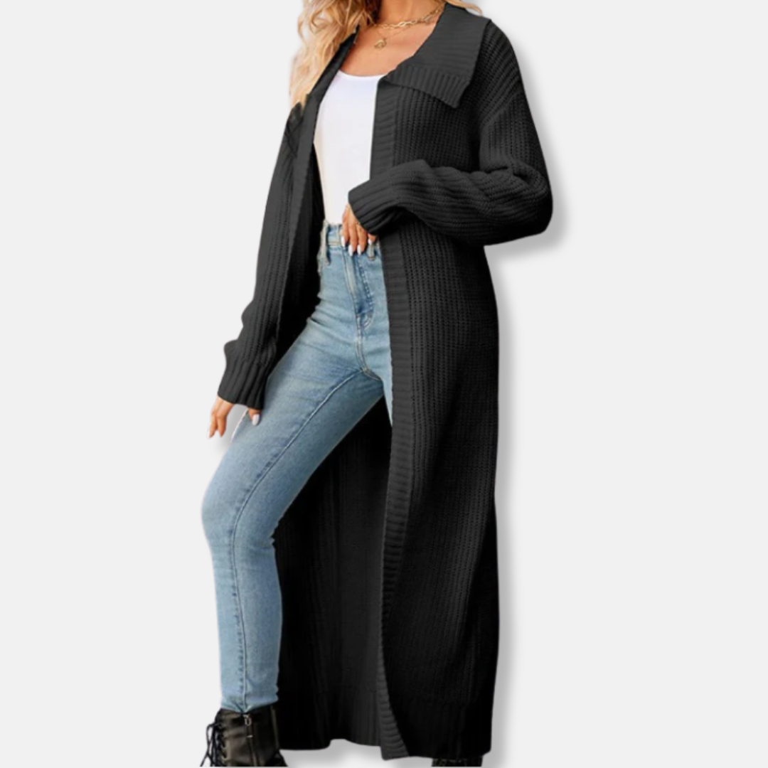Dam Lång Cardigan – Stickad – Lös Passform – Öppen Front – Bred Krage – Ribbmuddar