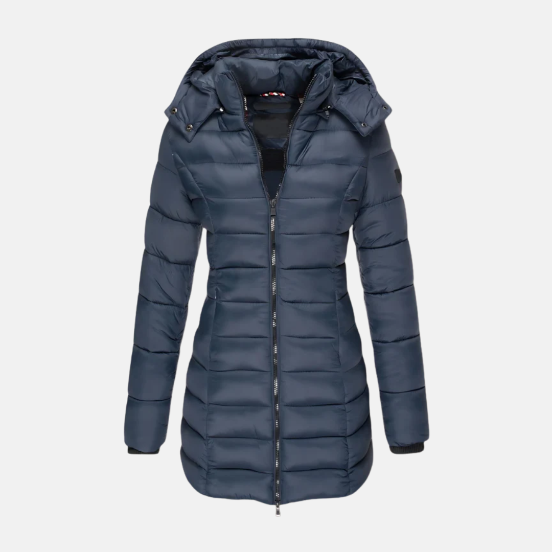 Dam Pufferjacka – Slim Fit – Quiltad – Mellanlång – Huva – Muddade Ärmslut