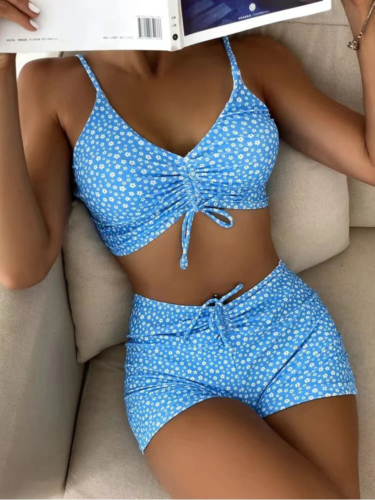 Dam Bikini Set – Hög Midja – Rynkad Bralette – Stretchigt Tyg