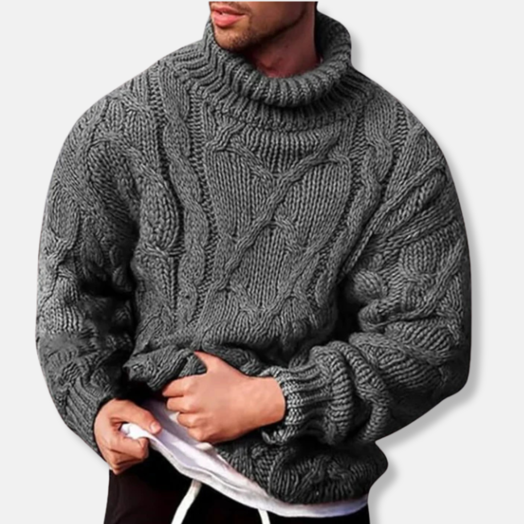 Herrtröja – Oversize Passform – Grov Cable Knit – Polokrage – Lång Ärmar