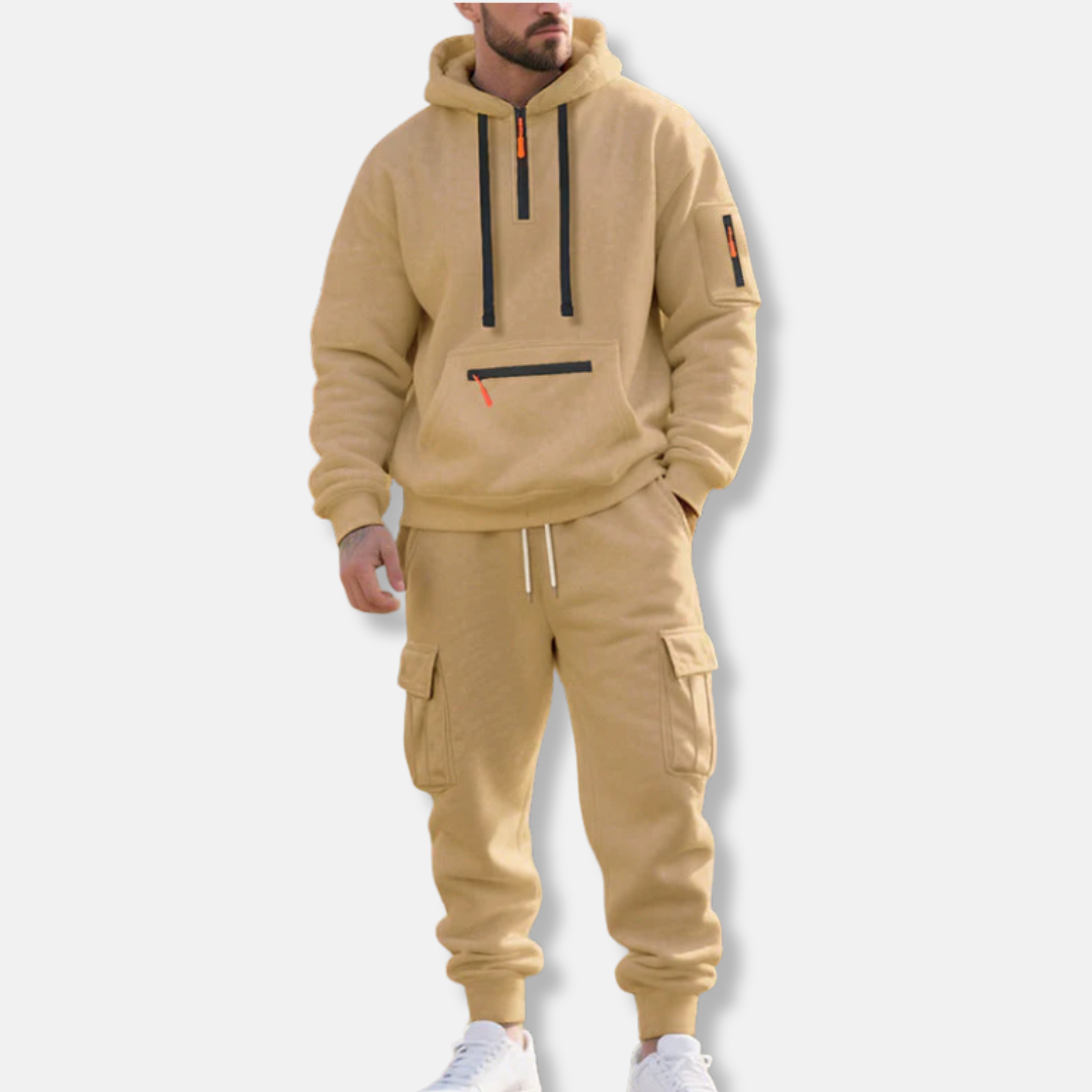 Herr Träningsset – Avslappnad Passform – Halvzip Hoodie – Cargojoggers med Dragsko