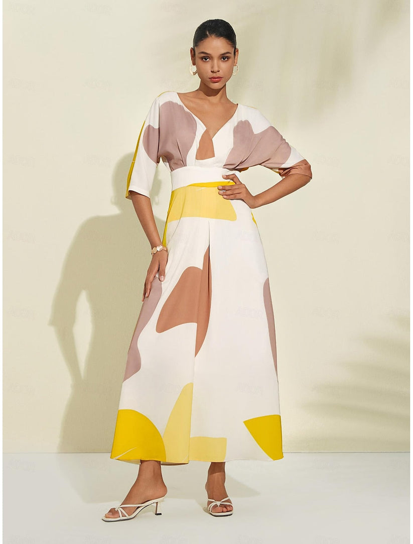 Damklänning - V-ringning - Midilängd - Figursydd midja - Eleganta vida ärmar