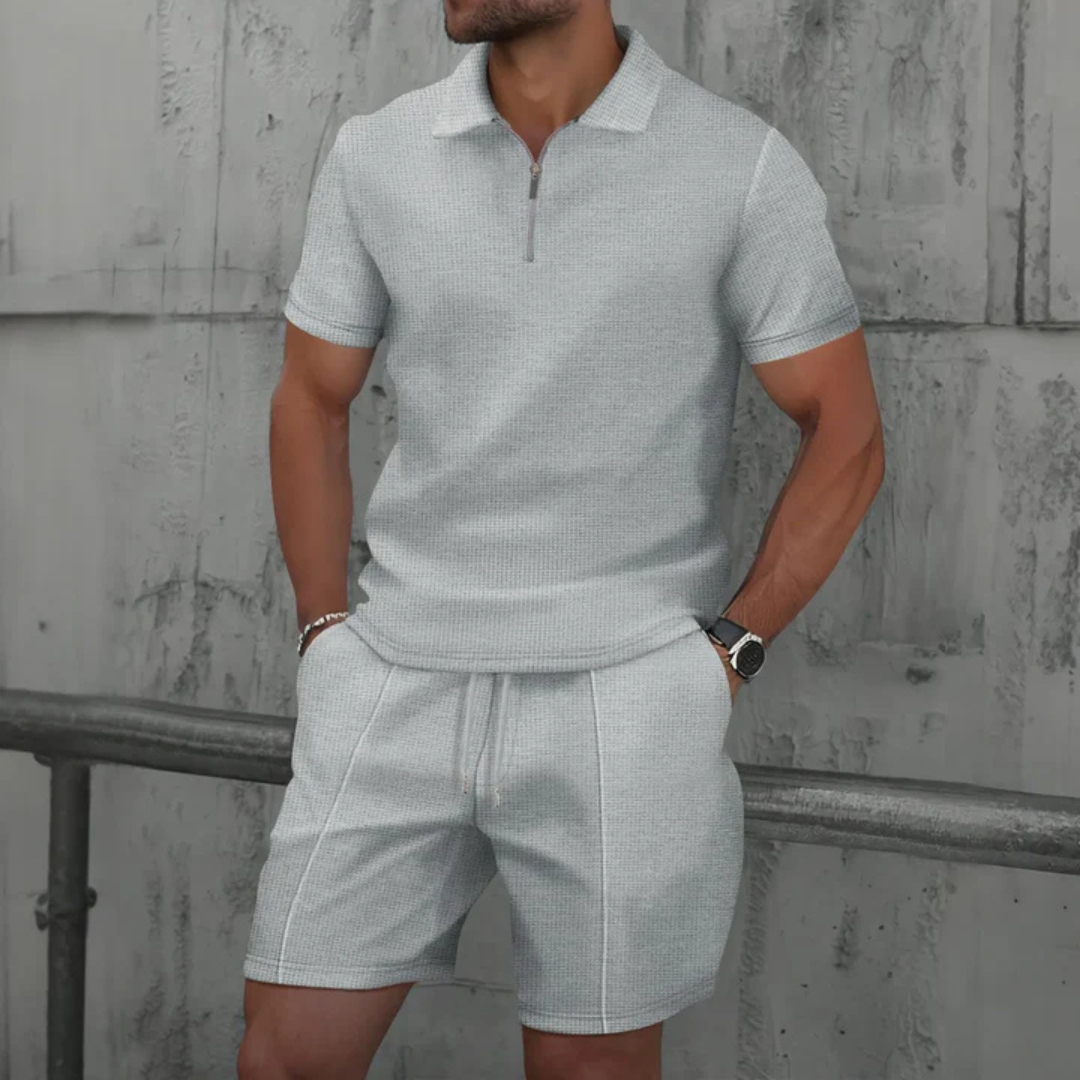 Herr Co-ords Set – Slim Fit Pikétröja och Shorts – Mjukstickat – Dragkedja i halsen