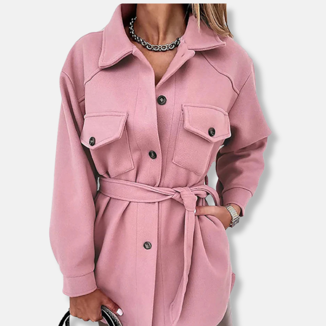 Dam Shacket Jacka – Oversize Passform – Lång Modell – Bälte – Bröstfickor med Lock
