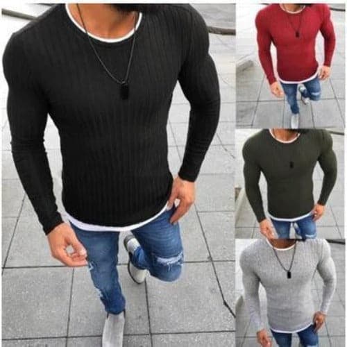 Herr Tröja - Slim Fit Ribbstickad - Långärmad Rund Hals - Modern och Bekväm