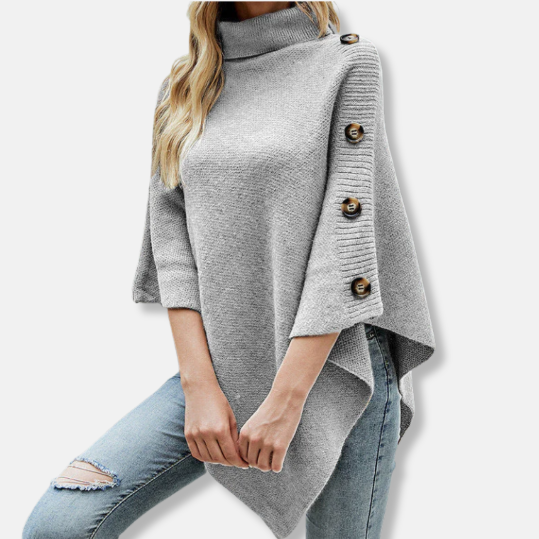 Dam Poncho – Stickad – Oversize Passform – Hög Ribbad Krage – Asymmetrisk Kant