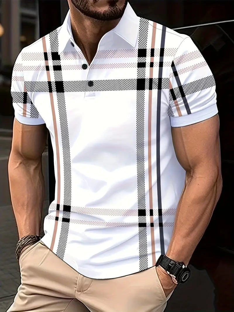 Herr Polo T-shirt - Rutigt Mönster - Slim Fit - Andningsbar Kortärmad