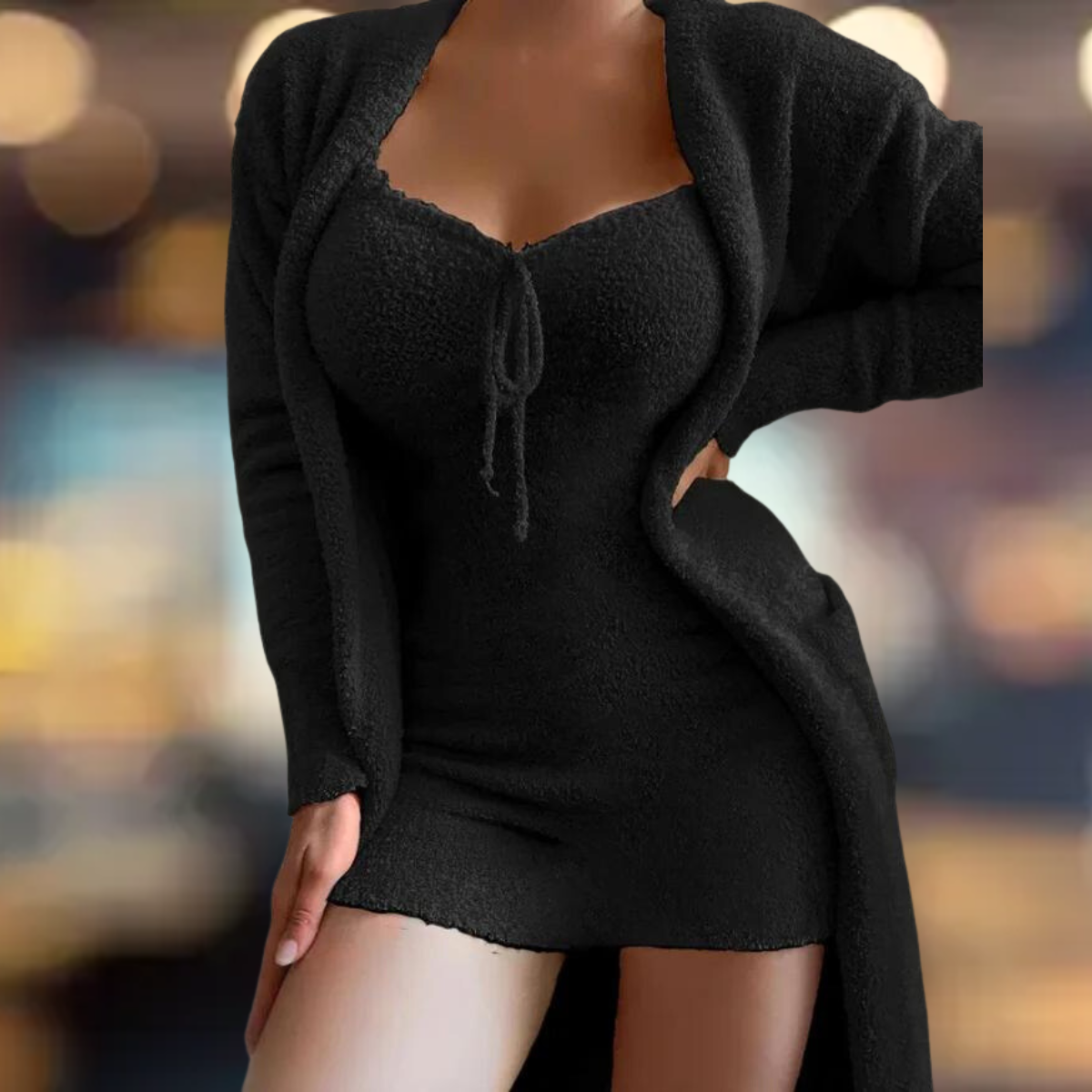 Kvinnors Stickad Set - Bodycon Miniklänning & Lång Kofta - Mjuk & Stretchig