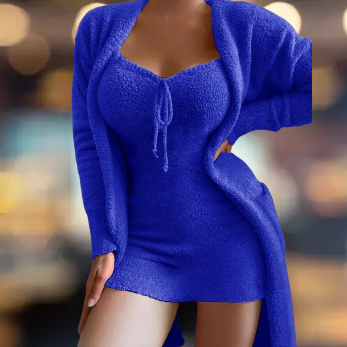 Kvinnors Stickad Set - Bodycon Miniklänning & Lång Kofta - Mjuk & Stretchig