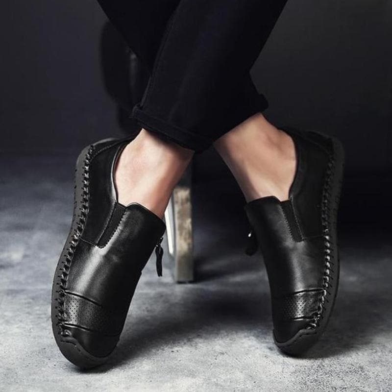 Herr Loafers - Äkta Läder - Slip-On - Dekorativ Dragkedja - Bekväm Gummisula