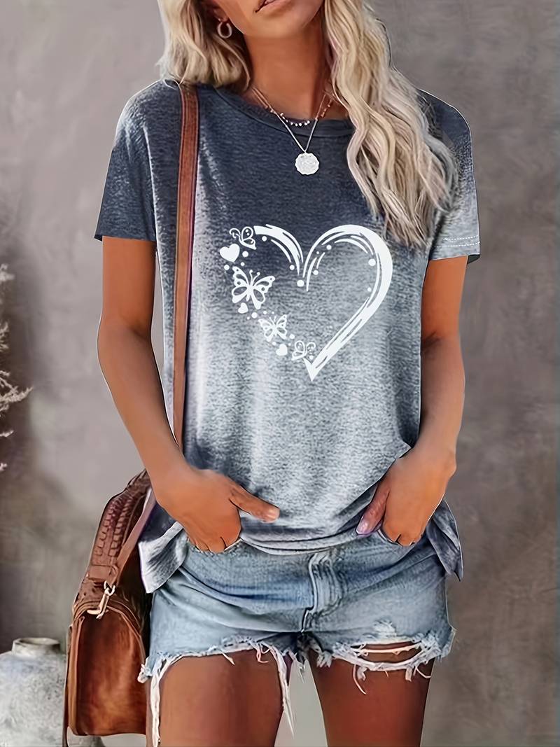 Dam T-shirt - Rundhals - Kortärmad - Fjäril & Hjärtmotiv - Bekväm Vardagströja