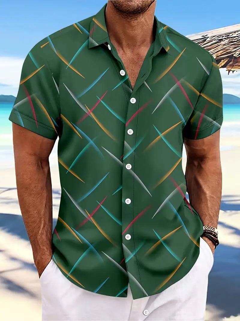Herr Skjorta - Kortärmad Button-Up - Lätt och Andningsbar - Modern Mönstrad Design