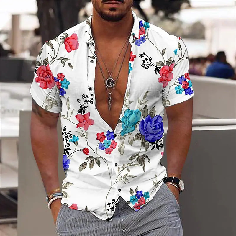Herrskjorta med kort ärm – Slim Fit – Andningsbart tyg – V-ringning – Blommönster