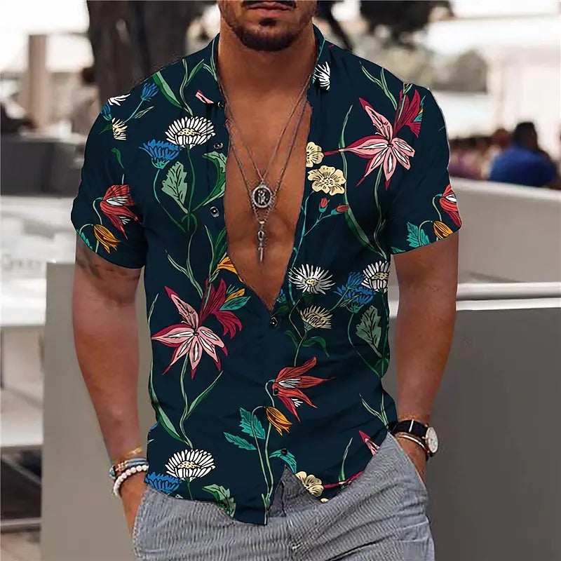 Herrskjorta med kort ärm – Slim Fit – Andningsbart tyg – V-ringning – Blommönster