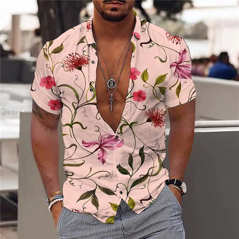 Herrskjorta med kort ärm – Slim Fit – Andningsbart tyg – V-ringning – Blommönster