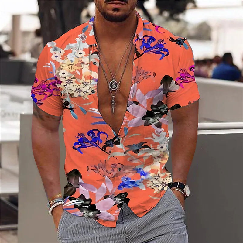 Herrskjorta med kort ärm – Slim Fit – Andningsbart tyg – V-ringning – Blommönster