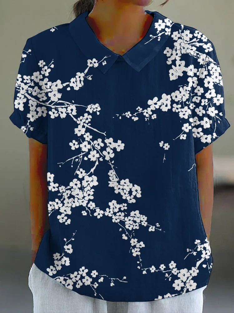 Dam Blus - Blommigt Mönster - Avslappnad Passform - Kort Är