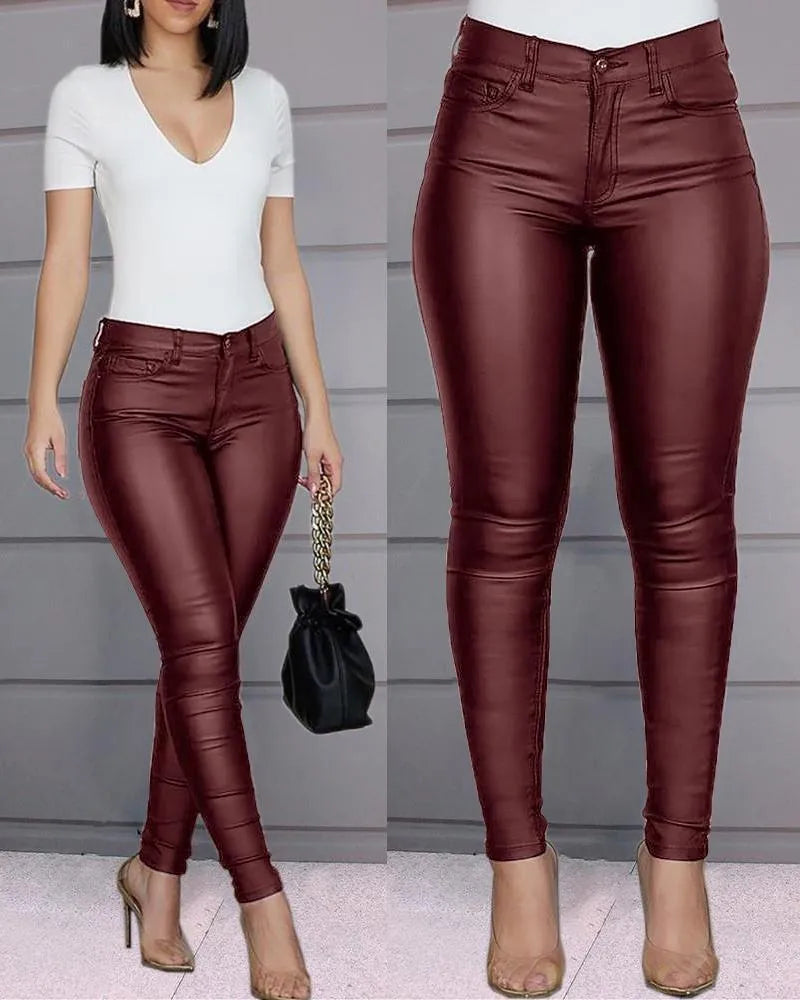 Dam Byxor – Slim Fit – Hög Midja – Skinnimitation – Ankellånga – Figursydd Design